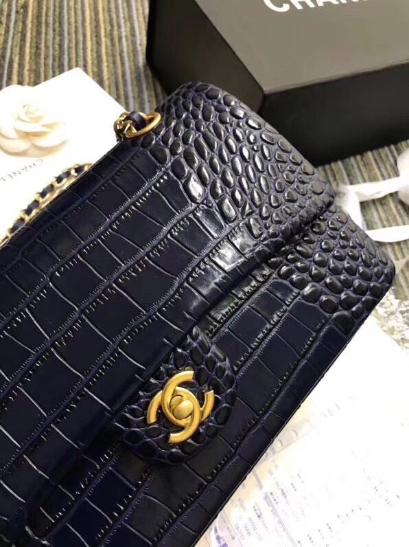 Chanel Classic Handbag Original Alligator & Gold-Tone Metal A01112 dark blue 