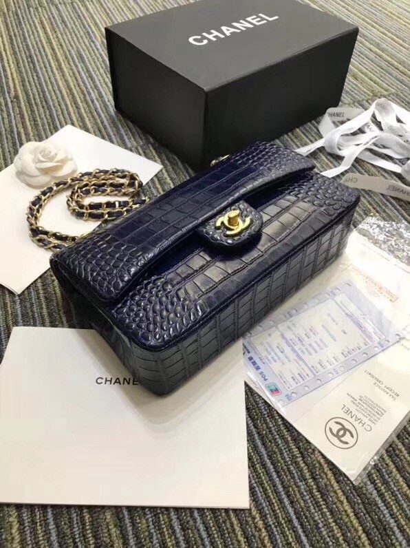 Chanel Classic Handbag Original Alligator & Gold-Tone Metal A01112 dark blue 