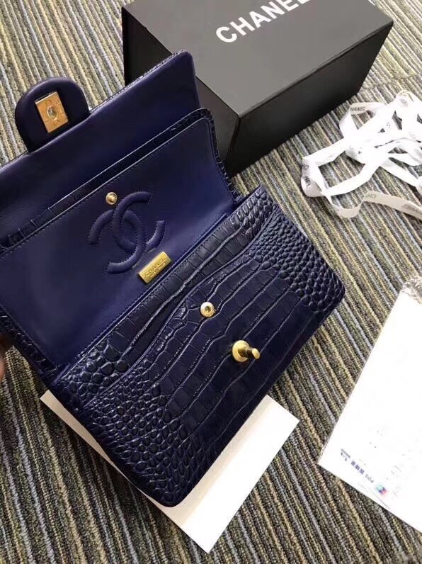 Chanel Classic Handbag Original Alligator & Gold-Tone Metal A01112 dark blue 