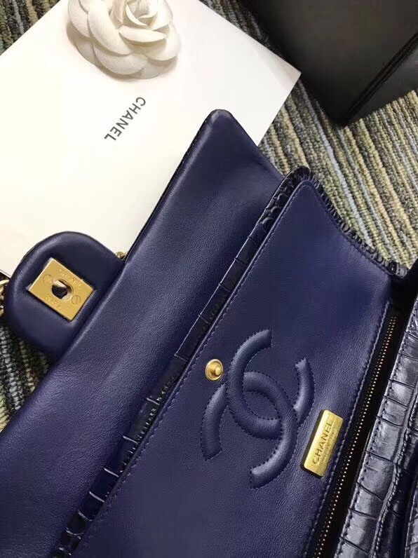Chanel Classic Handbag Original Alligator & Gold-Tone Metal A01112 dark blue 