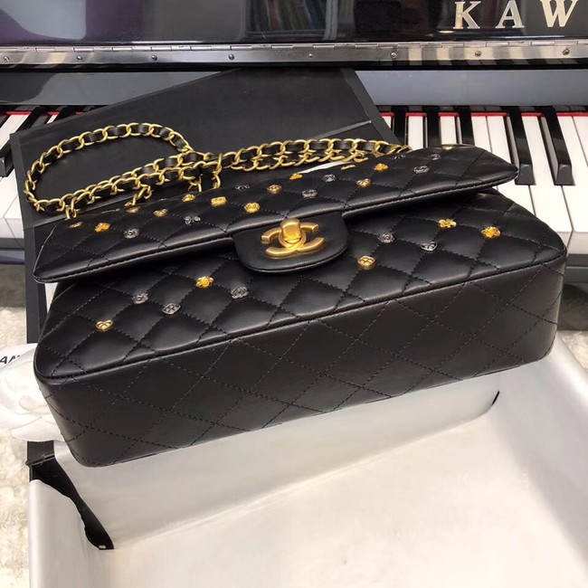 CHANEL Classic Handbag Lambskin Gold-Tone & Ruthenium-Finish Metal A01112 Black 