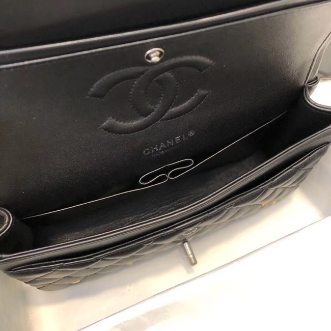 CHANEL Classic Handbag Lambskin Silver-Tone & Ruthenium-Finish Metal A01112 Black 