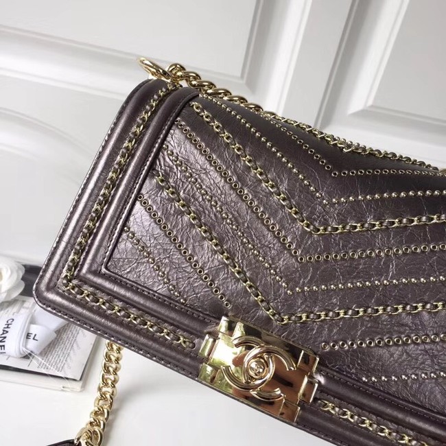 BOY CHANEL Handbag Crumpled Calfskin & Gold-Tone Metal A67086 brown 