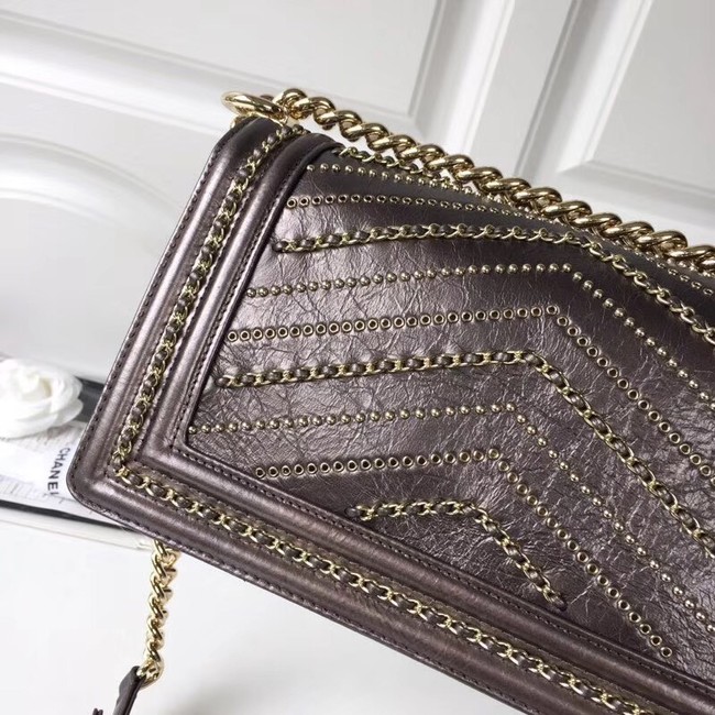 BOY CHANEL Handbag Crumpled Calfskin & Gold-Tone Metal A67086 brown 