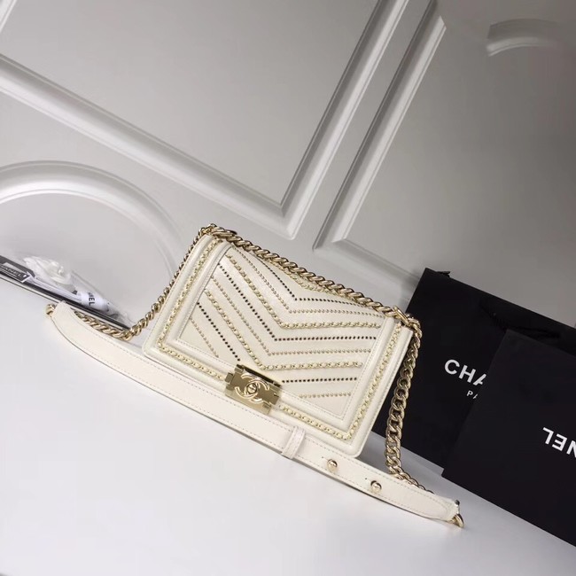 BOY CHANEL Handbag Crumpled Calfskin & Gold-Tone Metal A67086 white