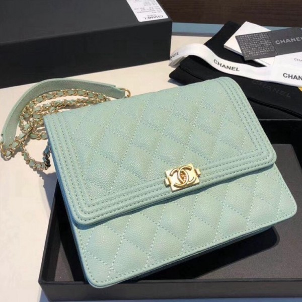 Chanel Grained Calfskin Boy Square Wallet on Chain WOC Jade 2018 Collection