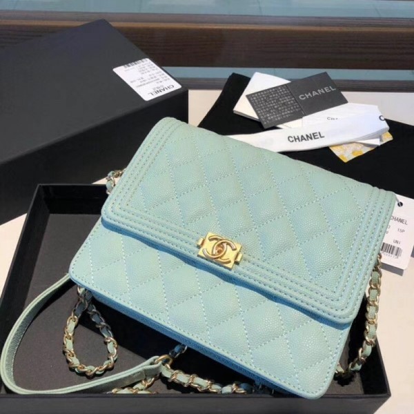 Chanel Grained Calfskin Boy Square Wallet on Chain WOC Jade 2018 Collection