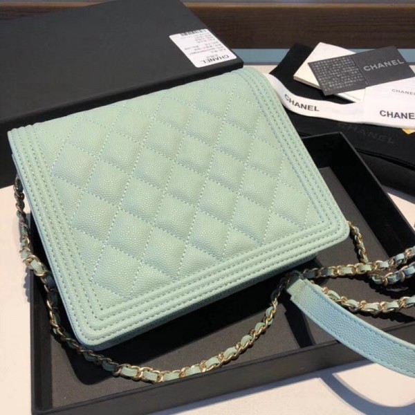 Chanel Grained Calfskin Boy Square Wallet on Chain WOC Jade 2018 Collection