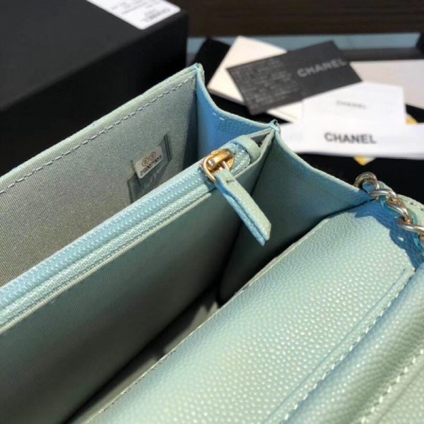 Chanel Grained Calfskin Boy Square Wallet on Chain WOC Jade 2018 Collection