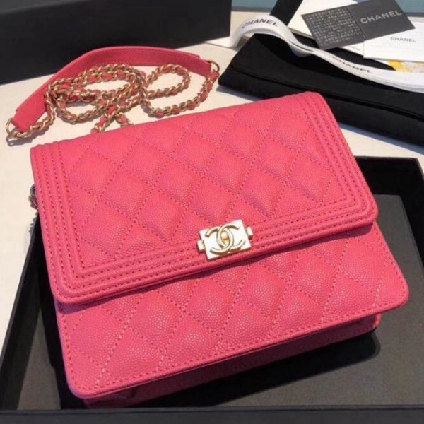 Chanel Grained Calfskin Boy Square Wallet on Chain WOC Rosy 2018 Collection