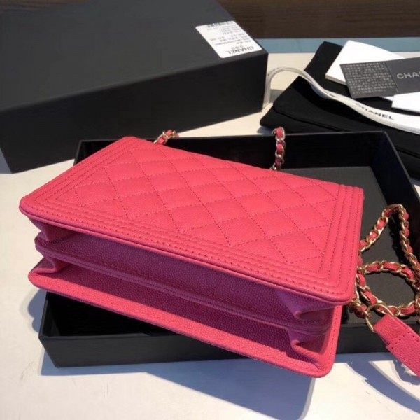 Chanel Grained Calfskin Boy Square Wallet on Chain WOC Rosy 2018 Collection