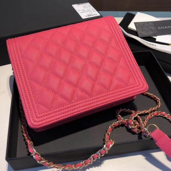 Chanel Grained Calfskin Boy Square Wallet on Chain WOC Rosy 2018 Collection