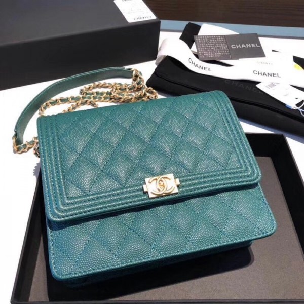 Chanel Grained Calfskin Boy Square Wallet on Chain WOC Green 2018 Collection