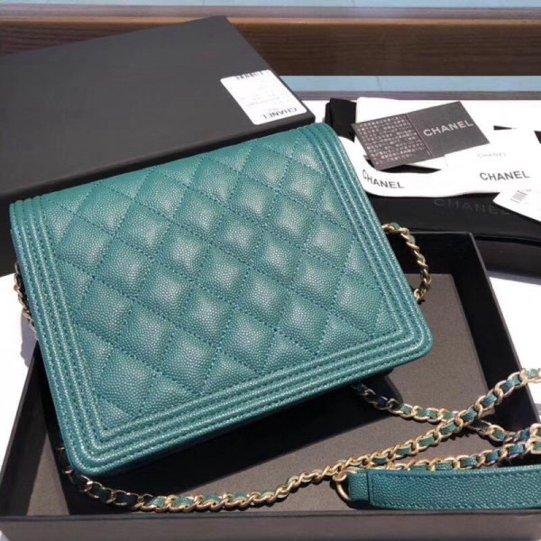 Chanel Grained Calfskin Boy Square Wallet on Chain WOC Green 2018 Collection
