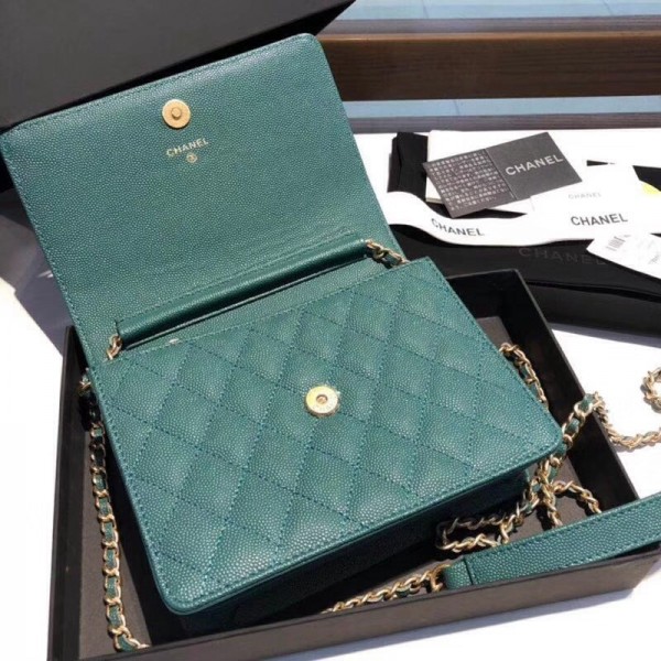 Chanel Grained Calfskin Boy Square Wallet on Chain WOC Green 2018 Collection