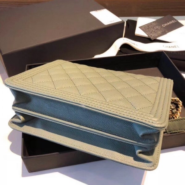 Chanel Grained Calfskin Boy Square Wallet on Chain WOC Olive Green 2018 Collection