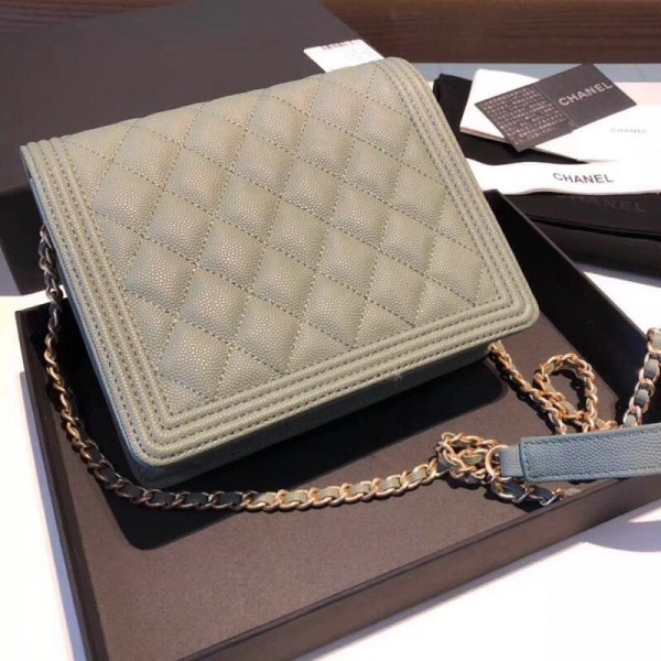 Chanel Grained Calfskin Boy Square Wallet on Chain WOC Olive Green 2018 Collection