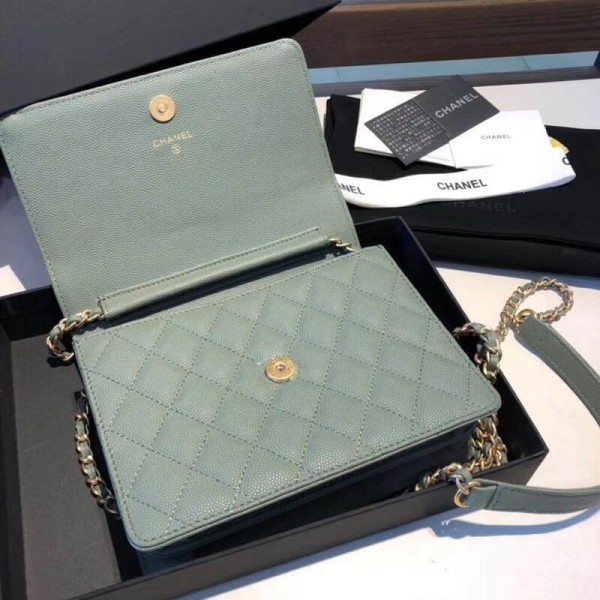 Chanel Grained Calfskin Boy Square Wallet on Chain WOC Olive Green 2018 Collection