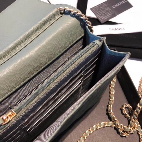 Chanel Grained Calfskin Boy Square Wallet on Chain WOC Olive Green 2018 Collection