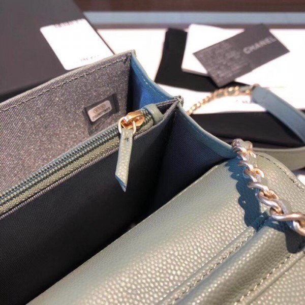 Chanel Grained Calfskin Boy Square Wallet on Chain WOC Olive Green 2018 Collection