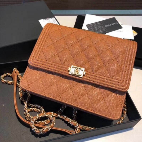 Chanel Grained Calfskin Boy Square Wallet on Chain WOC Toffee 2018 Collection