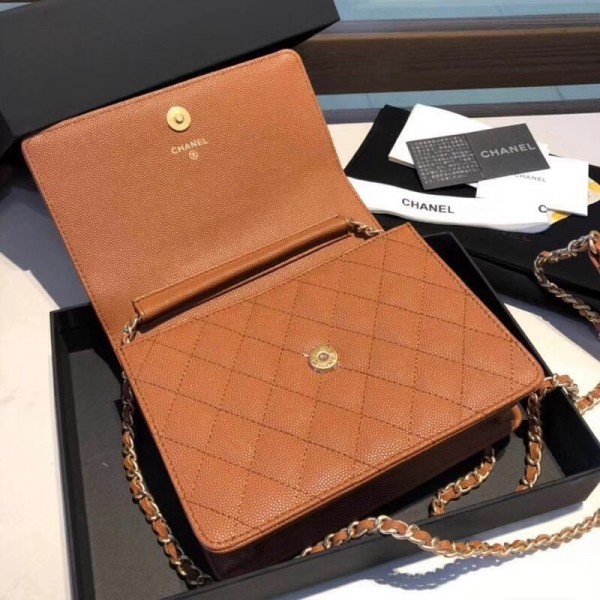 Chanel Grained Calfskin Boy Square Wallet on Chain WOC Toffee 2018 Collection