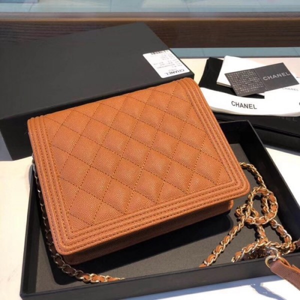 Chanel Grained Calfskin Boy Square Wallet on Chain WOC Toffee 2018 Collection