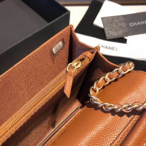 Chanel Grained Calfskin Boy Square Wallet on Chain WOC Toffee 2018 Collection