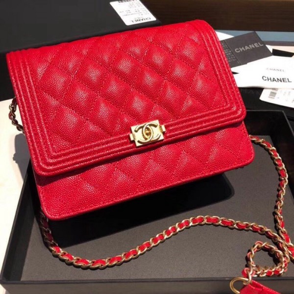Chanel Grained Calfskin Boy Square Wallet on Chain WOC Red 2018 Collection