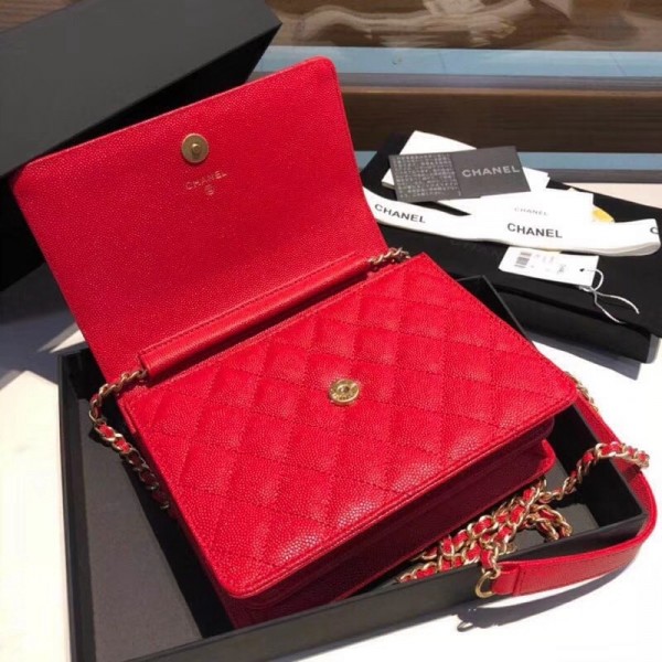 Chanel Grained Calfskin Boy Square Wallet on Chain WOC Red 2018 Collection