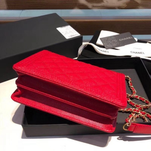 Chanel Grained Calfskin Boy Square Wallet on Chain WOC Red 2018 Collection