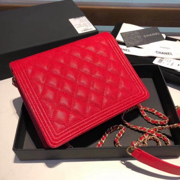 Chanel Grained Calfskin Boy Square Wallet on Chain WOC Red 2018 Collection