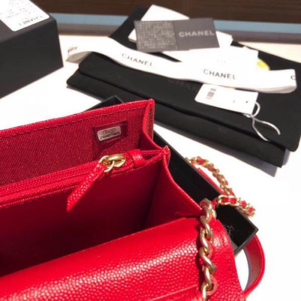 Chanel Grained Calfskin Boy Square Wallet on Chain WOC Red 2018 Collection