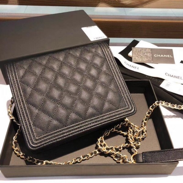 Chanel Grained Calfskin Boy Square Wallet on Chain WOC Black 2018 Collection