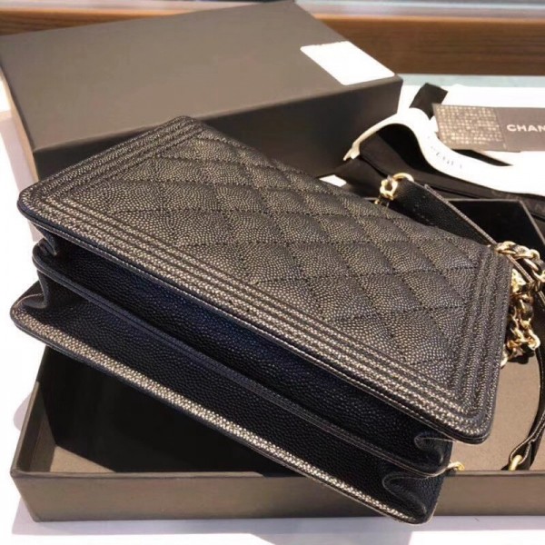 Chanel Grained Calfskin Boy Square Wallet on Chain WOC Black 2018 Collection