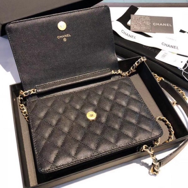 Chanel Grained Calfskin Boy Square Wallet on Chain WOC Black 2018 Collection