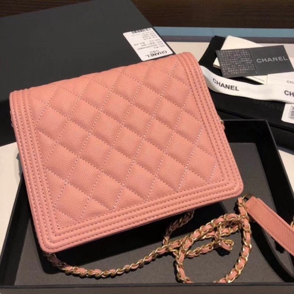 Chanel Grained Calfskin Boy Square Wallet on Chain WOC Pink 2018 Collection