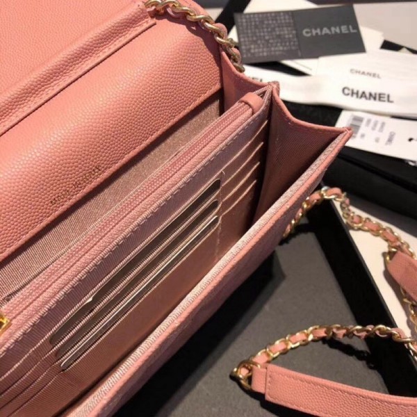 Chanel Grained Calfskin Boy Square Wallet on Chain WOC Pink 2018 Collection