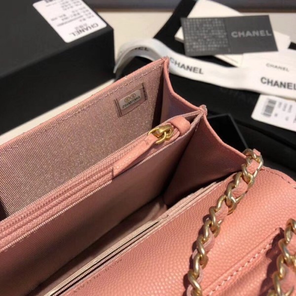 Chanel Grained Calfskin Boy Square Wallet on Chain WOC Pink 2018 Collection