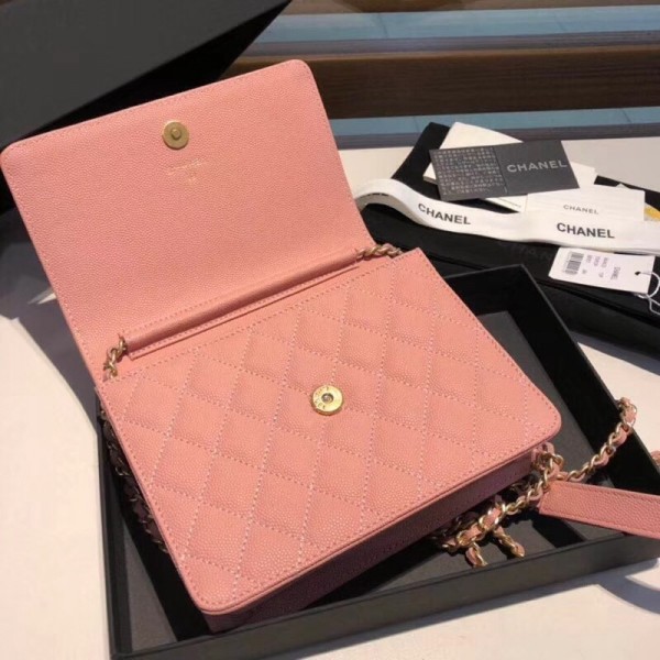 Chanel Grained Calfskin Boy Square Wallet on Chain WOC Pink 2018 Collection