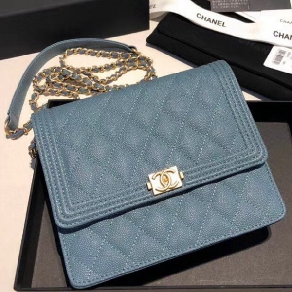 Chanel Grained Calfskin Boy Square Wallet on Chain WOC Cobalt Blue 2018 Collection