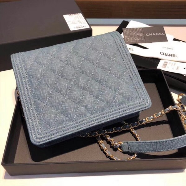 Chanel Grained Calfskin Boy Square Wallet on Chain WOC Cobalt Blue 2018 Collection