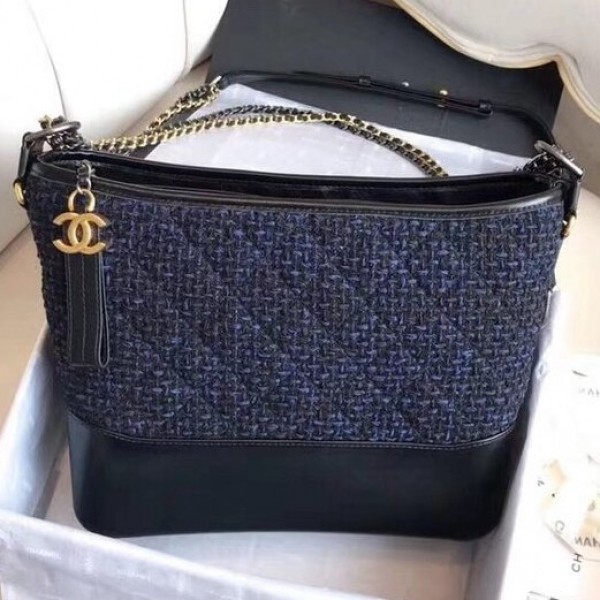 Chanel Tweed/Calfskin Gabrielle Medium Hobo Bag A93824 Navy Blue 2018 Collection