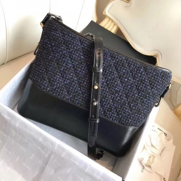 Chanel Tweed/Calfskin Gabrielle Medium Hobo Bag A93824 Navy Blue 2018 Collection