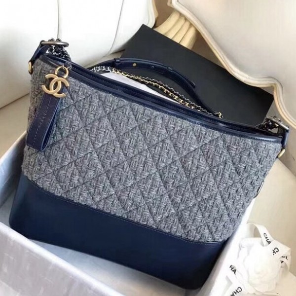 Chanel Tweed/Calfskin Gabrielle Medium Hobo Bag A93824 Grey/Blue 2018 Collection