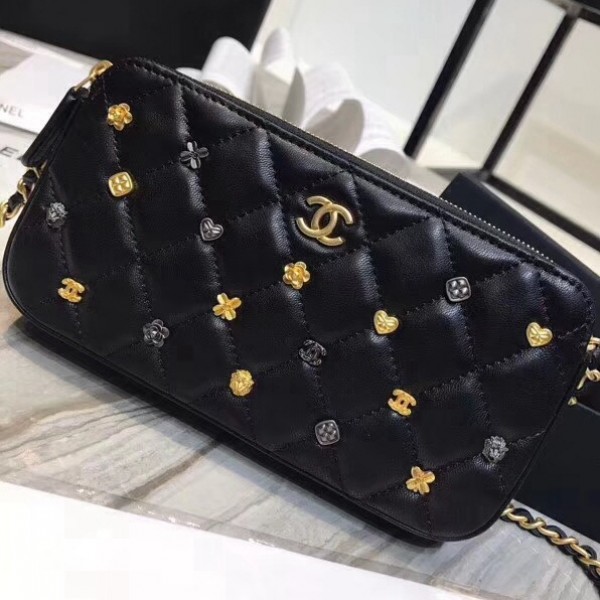 Chanel Lambskin 18k Charms Double Zip Pouch with Chain Black 2018 Collection