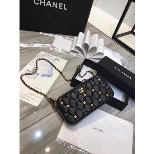 Chanel Lambskin 18k Charms Double Zip Pouch with Chain Black 2018 Collection