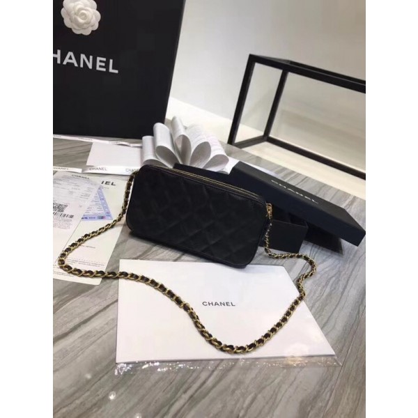 Chanel Lambskin 18k Charms Double Zip Pouch with Chain Black 2018 Collection