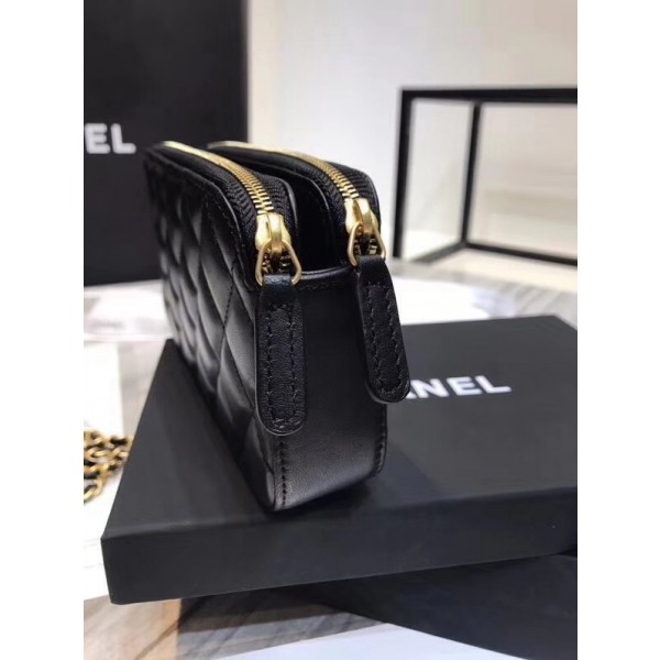 Chanel Lambskin 18k Charms Double Zip Pouch with Chain Black 2018 Collection