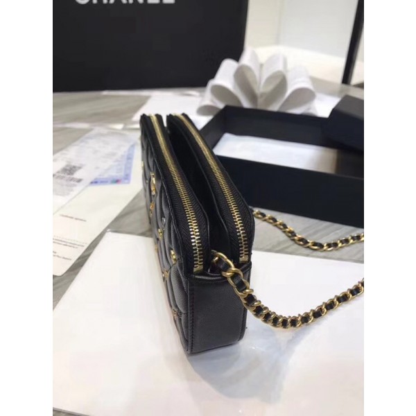 Chanel Lambskin 18k Charms Double Zip Pouch with Chain Black 2018 Collection